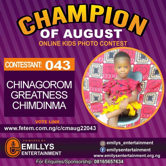 Vote CHINAGOROM	GREATNESS CHIMDINMA in CHAMPION OF AUGUST 2022 Voting Contest @ Fetem.com.ng