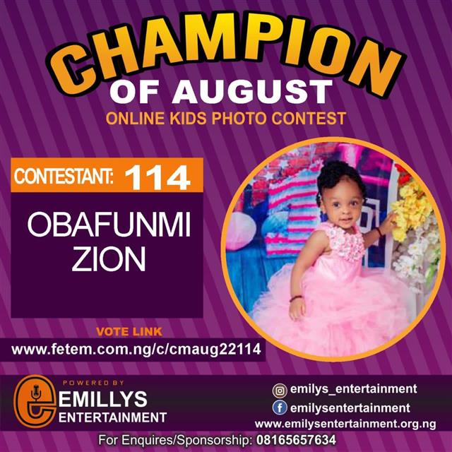 Vote OBAFUNMI ZION in CHAMPION OF AUGUST 2022 Voting Contest @ Fetem.com.ng