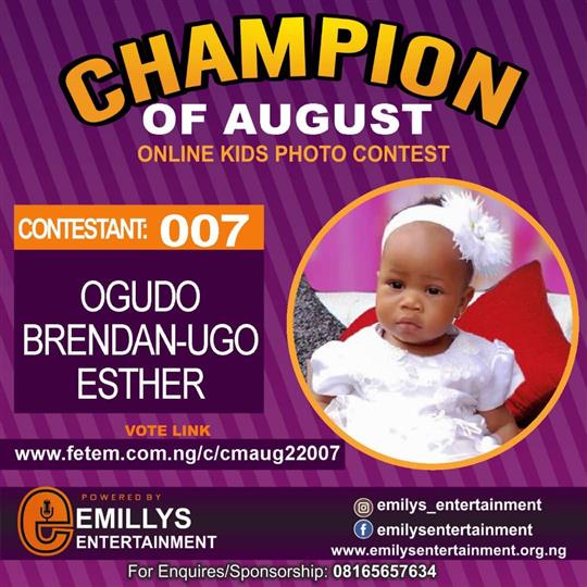 Vote OGUDO	BRENDAN-UGO ESTHER in CHAMPION OF AUGUST 2022 Voting Contest @ Fetem.com.ng