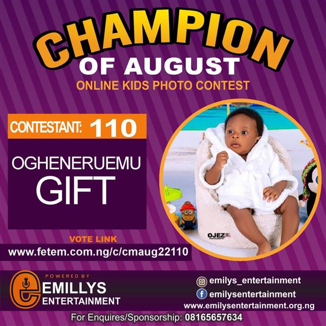 Vote OGHENERUEMU GIFT in CHAMPION OF AUGUST 2022 Voting Contest @ Fetem.com.ng