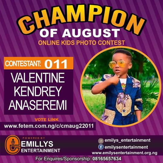 Vote VALENTINE	KENDREY ANASEREMI in CHAMPION OF AUGUST 2022 Voting Contest @ Fetem.com.ng