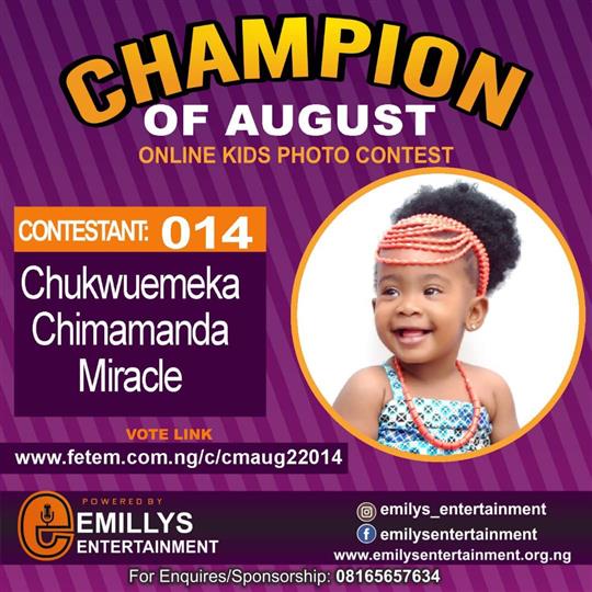 Vote CHUKWUEMEKA	CHIMAMANDA MIRACLE in CHAMPION OF AUGUST 2022 Voting Contest @ Fetem.com.ng