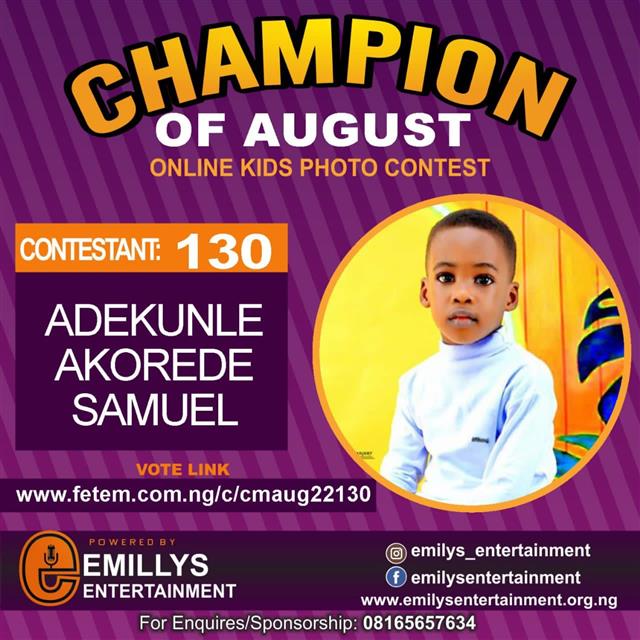 Vote ADEKUNLE	AKOREDE SAMUEL in CHAMPION OF AUGUST 2022 Voting Contest @ Fetem.com.ng