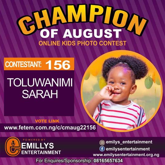 Vote TOLUWANIMI SARAH in CHAMPION OF AUGUST 2022 Voting Contest @ Fetem.com.ng