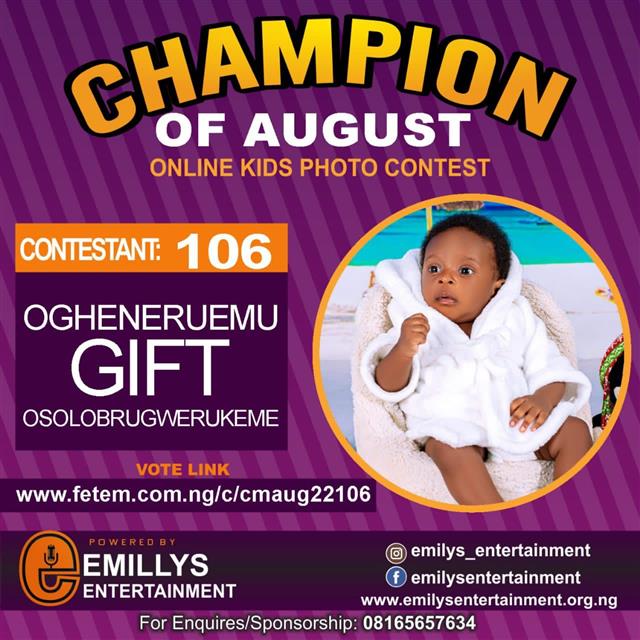 Vote OGHENERUEMU	GIFT OSOLOBRUGWERUKEME in CHAMPION OF AUGUST 2022 Voting Contest @ Fetem.com.ng