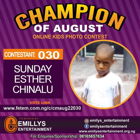 Vote SUNDAY	ESTHER CHINALU in CHAMPION OF AUGUST 2022 Voting Contest @ Fetem.com.ng