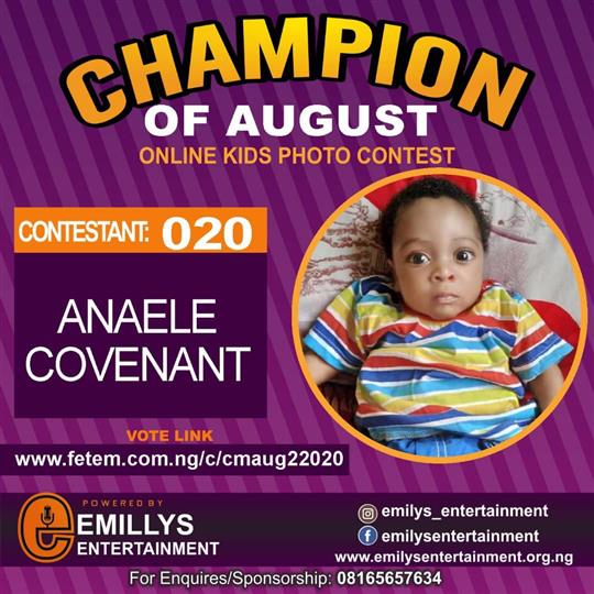 Vote ANAELE COVENANT in CHAMPION OF AUGUST 2022 Voting Contest @ Fetem.com.ng