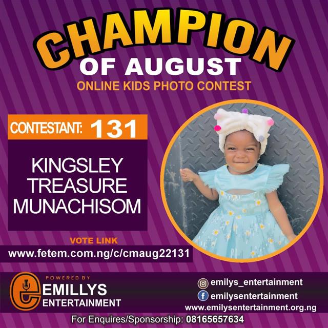 Vote KINGSLEY	TREASURE MUNACHISOM in CHAMPION OF AUGUST 2022 Voting Contest @ Fetem.com.ng