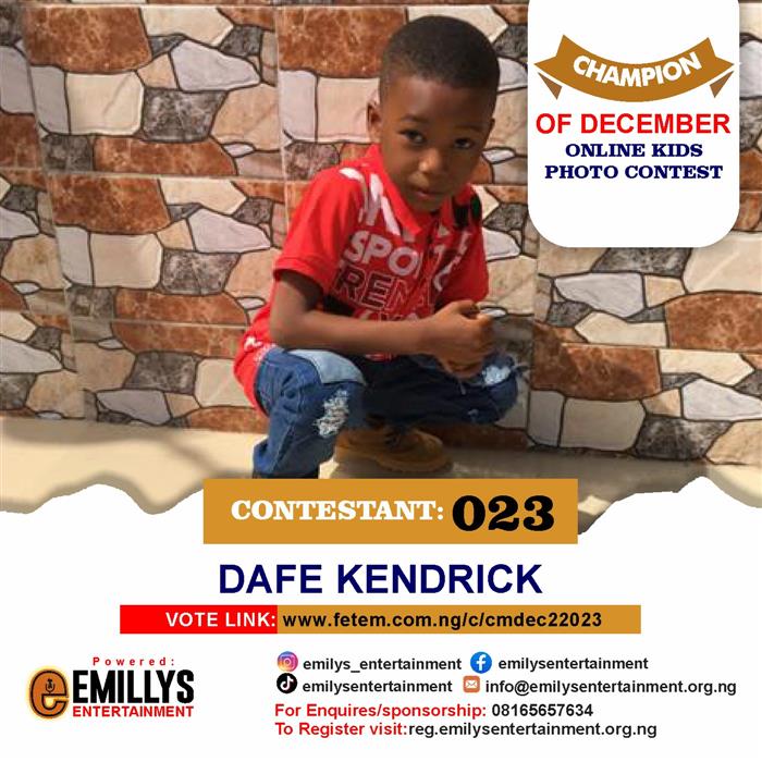 Vote Dafe Kendrick in Champion of the month December Voting Contest @ Fetem.com.ng