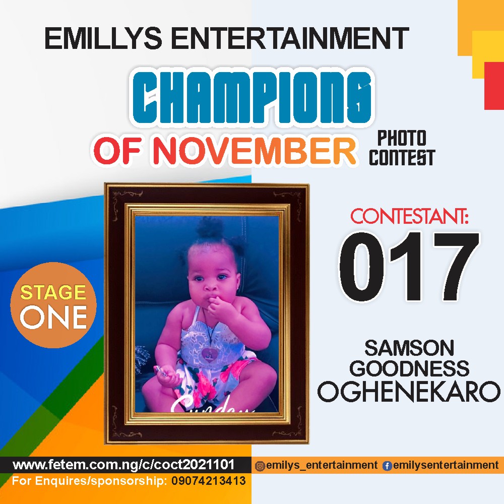 Vote SAMSON	GOODNESS OGHENEKARO in CHAMPION OF NOVEMBER Voting Contest @ Fetem.com.ng