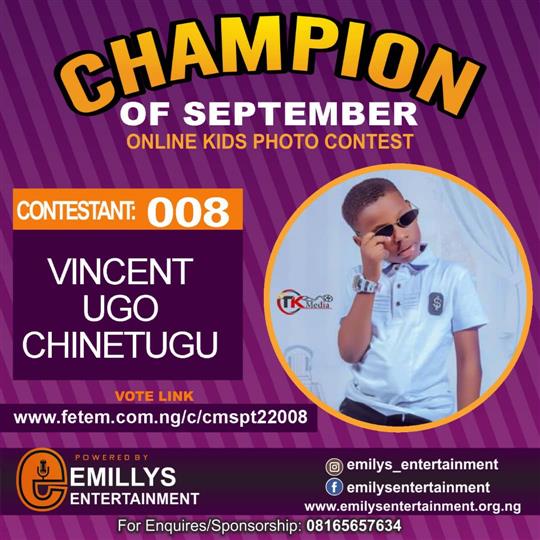 Vote VINCENT UGO CHINETUGU in CHAMPION OF THE MONTH SEPTEMBER Voting Contest @ Fetem.com.ng