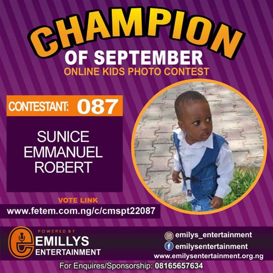 Vote SUNICE	EMMANUEL ROBERT in CHAMPION OF THE MONTH SEPTEMBER Voting Contest @ Fetem.com.ng