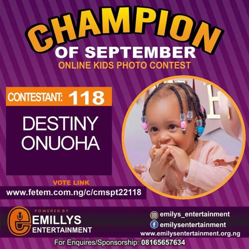 Vote EMMANUEL	DESTINY HANNAH in CHAMPION OF THE MONTH SEPTEMBER Voting Contest @ Fetem.com.ng