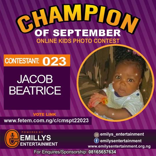 Vote JACOB BEATRICE in CHAMPION OF THE MONTH SEPTEMBER Voting Contest @ Fetem.com.ng