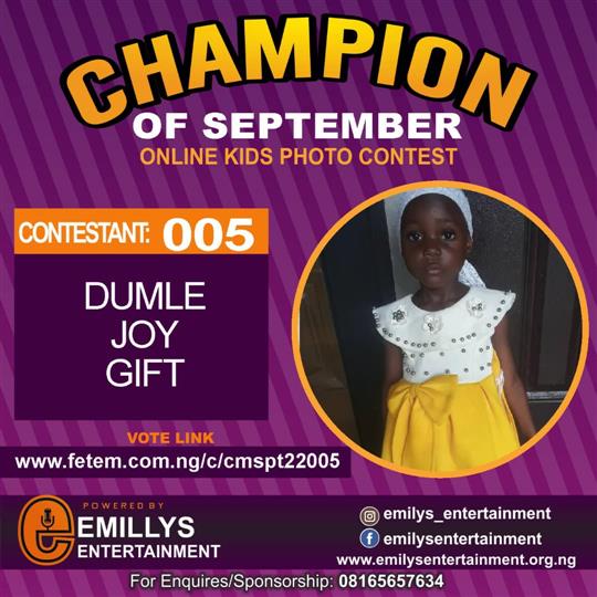 Vote DUMLE JOY	GIFT in CHAMPION OF THE MONTH SEPTEMBER Voting Contest @ Fetem.com.ng