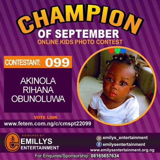 Vote AKINOLA	RIHANA OBUNOLUWA in CHAMPION OF THE MONTH SEPTEMBER Voting Contest @ Fetem.com.ng