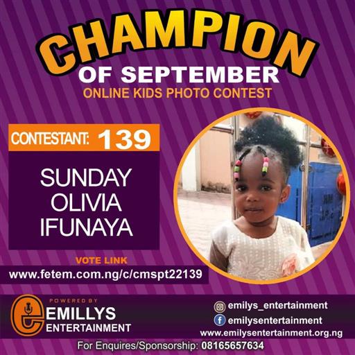 Vote SUNDAY	OLIVIA IFUNAYA in CHAMPION OF THE MONTH SEPTEMBER Voting Contest @ Fetem.com.ng