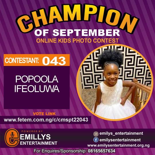 Vote POPOOLA IFEOLUWA in CHAMPION OF THE MONTH SEPTEMBER Voting Contest @ Fetem.com.ng