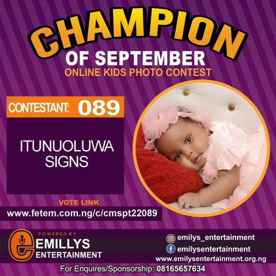 Vote ITUNUOLUWA SIGNS in CHAMPION OF THE MONTH SEPTEMBER Voting Contest @ Fetem.com.ng