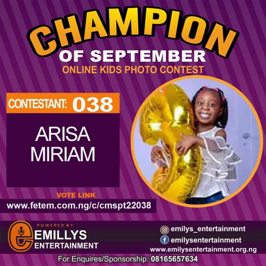 Vote ARISA MIRIAM in CHAMPION OF THE MONTH SEPTEMBER Voting Contest @ Fetem.com.ng