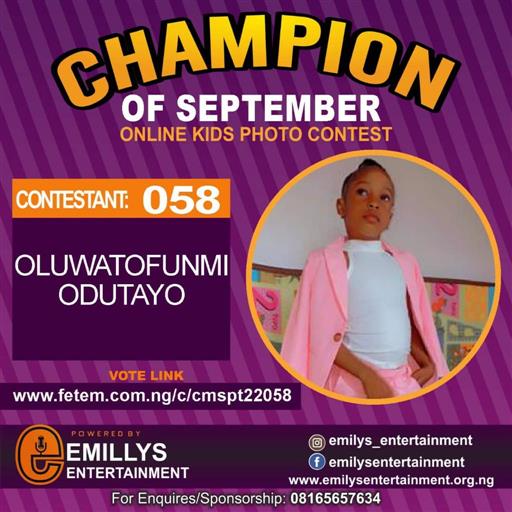 Vote OLUWATOFUNMI ODUTAYO in CHAMPION OF THE MONTH SEPTEMBER Voting Contest @ Fetem.com.ng