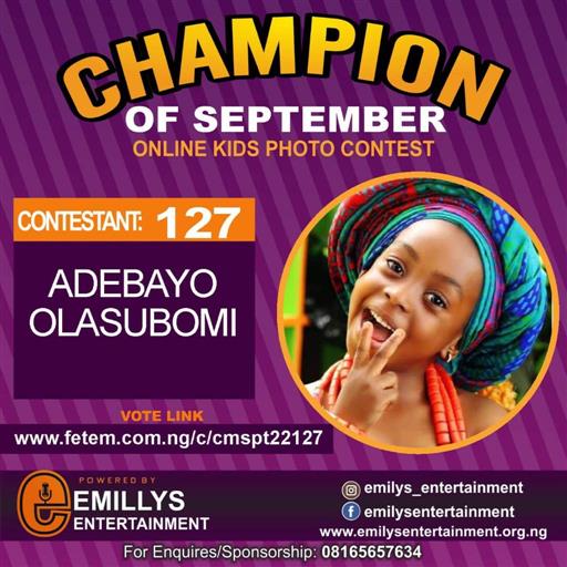 Vote ADEBAYO OLASUBOMI in CHAMPION OF THE MONTH SEPTEMBER Voting Contest @ Fetem.com.ng