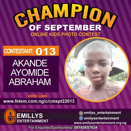 Vote AKANDE	AYOMIDE ABRAHAM in CHAMPION OF THE MONTH SEPTEMBER Voting Contest @ Fetem.com.ng