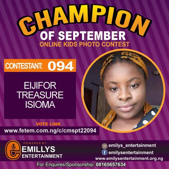 Vote EIJIFOR	TREASURE ISIOMA in CHAMPION OF THE MONTH SEPTEMBER Voting Contest @ Fetem.com.ng