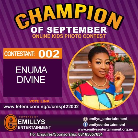 Vote ENUMA DIVINE in CHAMPION OF THE MONTH SEPTEMBER Voting Contest @ Fetem.com.ng