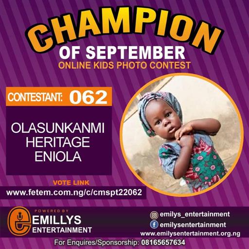 Vote OLASUNKANMI HERITAGE	ENIOLA in CHAMPION OF THE MONTH SEPTEMBER Voting Contest @ Fetem.com.ng