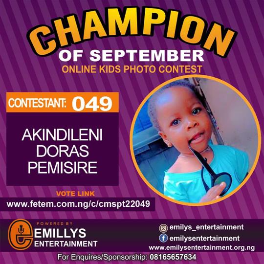 Vote AKINDILENI	DORCAS PEMISIRE in CHAMPION OF THE MONTH SEPTEMBER Voting Contest @ Fetem.com.ng