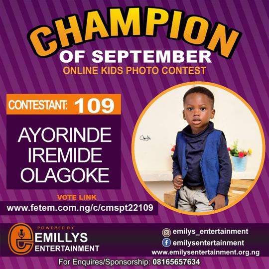 Vote AYORINDE	IREMIDE OLAGOKE in CHAMPION OF THE MONTH SEPTEMBER Voting Contest @ Fetem.com.ng