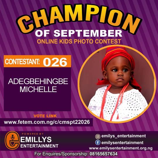 Vote ADEGBEHINGBE MICHELLE in CHAMPION OF THE MONTH SEPTEMBER Voting Contest @ Fetem.com.ng