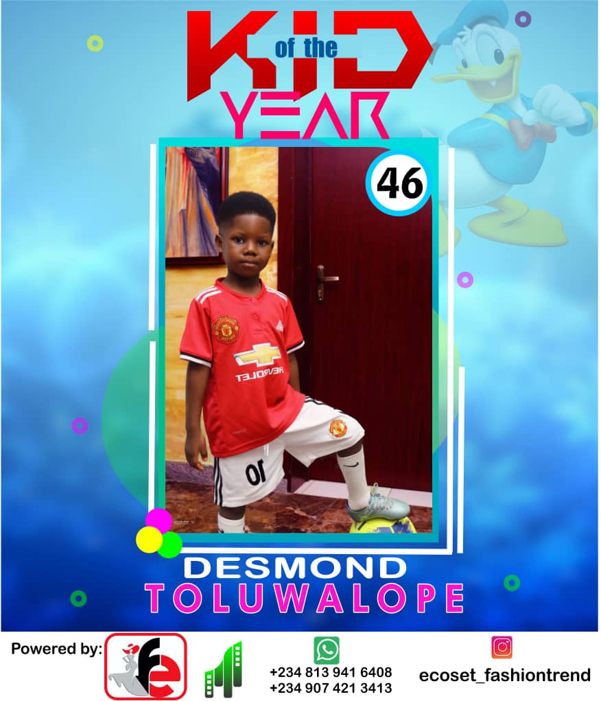 Vote TOLUWALOPE DESMOND in ECOSET FASHION CREATIVE KID OF THE YEAR 2020 Voting Contest @ Fetem.com.ng