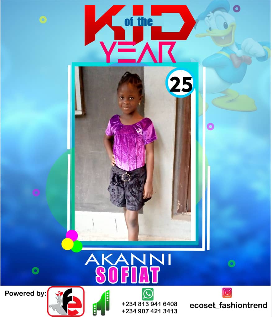 Vote AKANNI SOFIAT	OLUWATOFUMI in ECOSET FASHION CREATIVE KID OF THE YEAR 2020 Voting Contest @ Fetem.com.ng