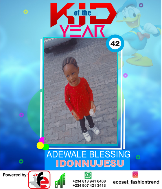 Vote ADEWALE	BLESSING IDUNNUJESU in ECOSET FASHION CREATIVE KID OF THE YEAR 2020 Voting Contest @ Fetem.com.ng